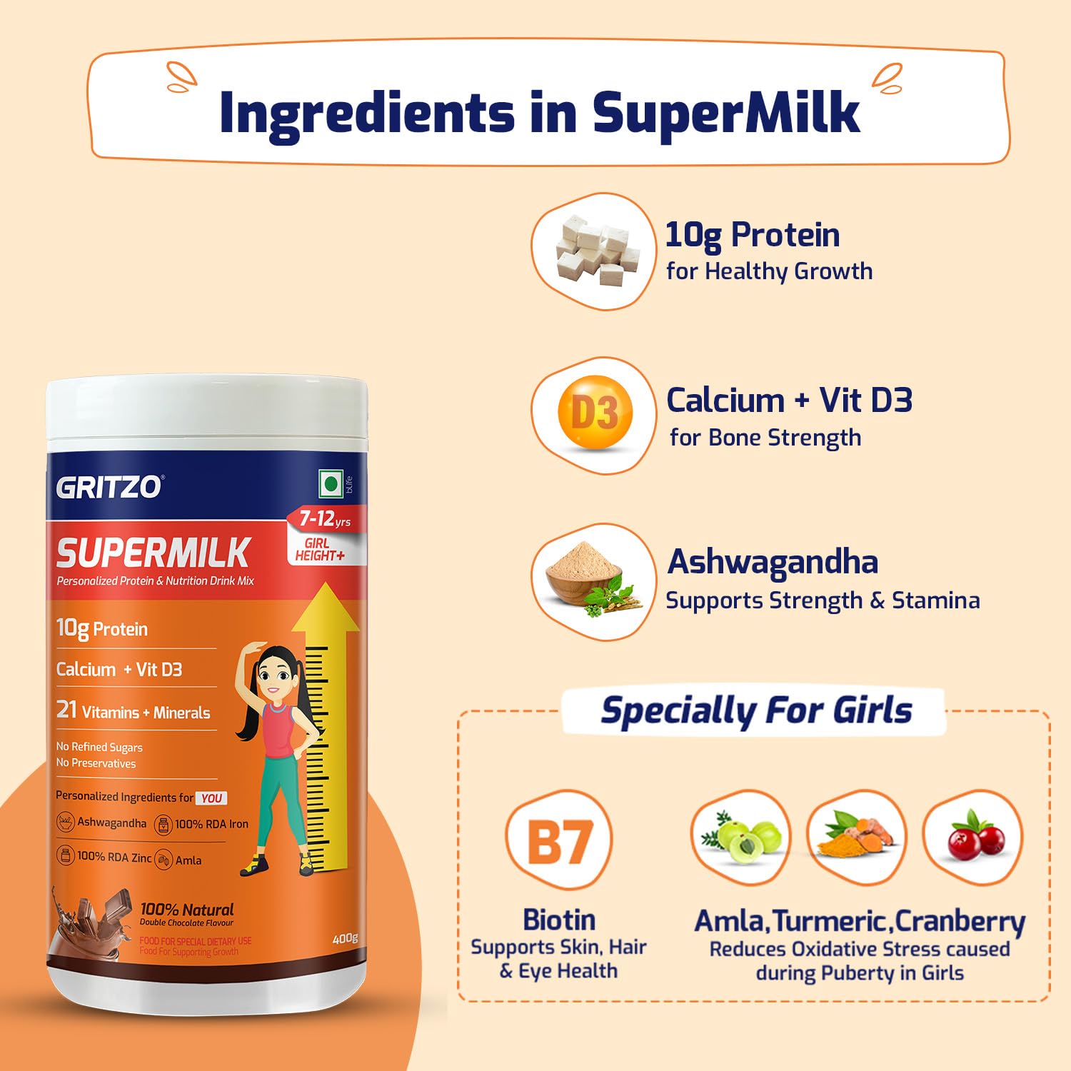 Gritzo SuperMilk Height+ (7–12 Years Girls) – 400g |
